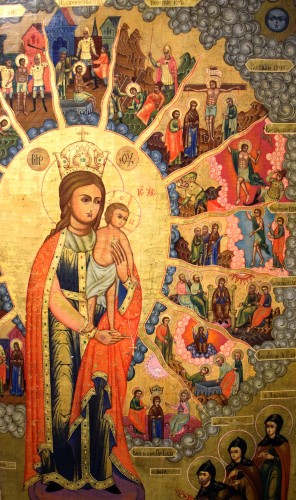 XIXe siècle - Vierge à l'Enfant et scènes des Évangiles - Icône russe à fond doré, XIXe siècle